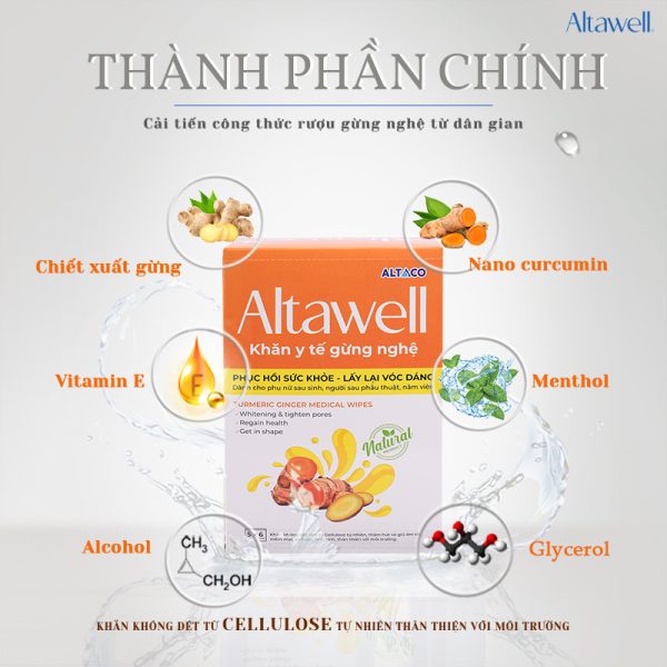 Khăn lau gừng nghệ Altawell chứa thành phần nghệ nano curcumin kích thước siêu nhỏ