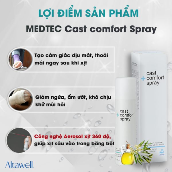 Xịt bó bột Medtec được nhập khẩu từ Thái Lan có công dụng vượt trội trong việc giảm ngứa, giảm mùi hôi bên trong băng bột